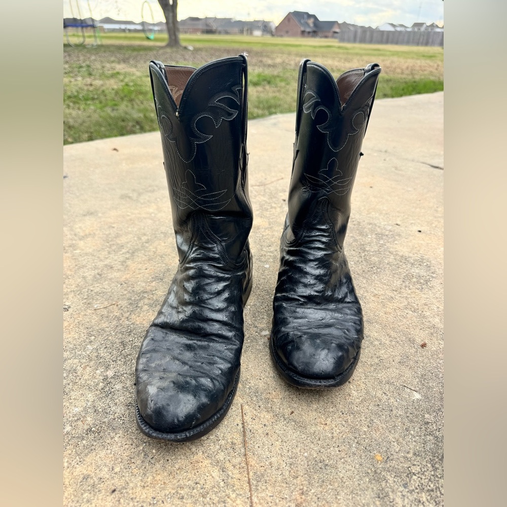 Mens Lucchese Handmade Black Full Quill Ostrich Cowboy Boots Size 10.5D